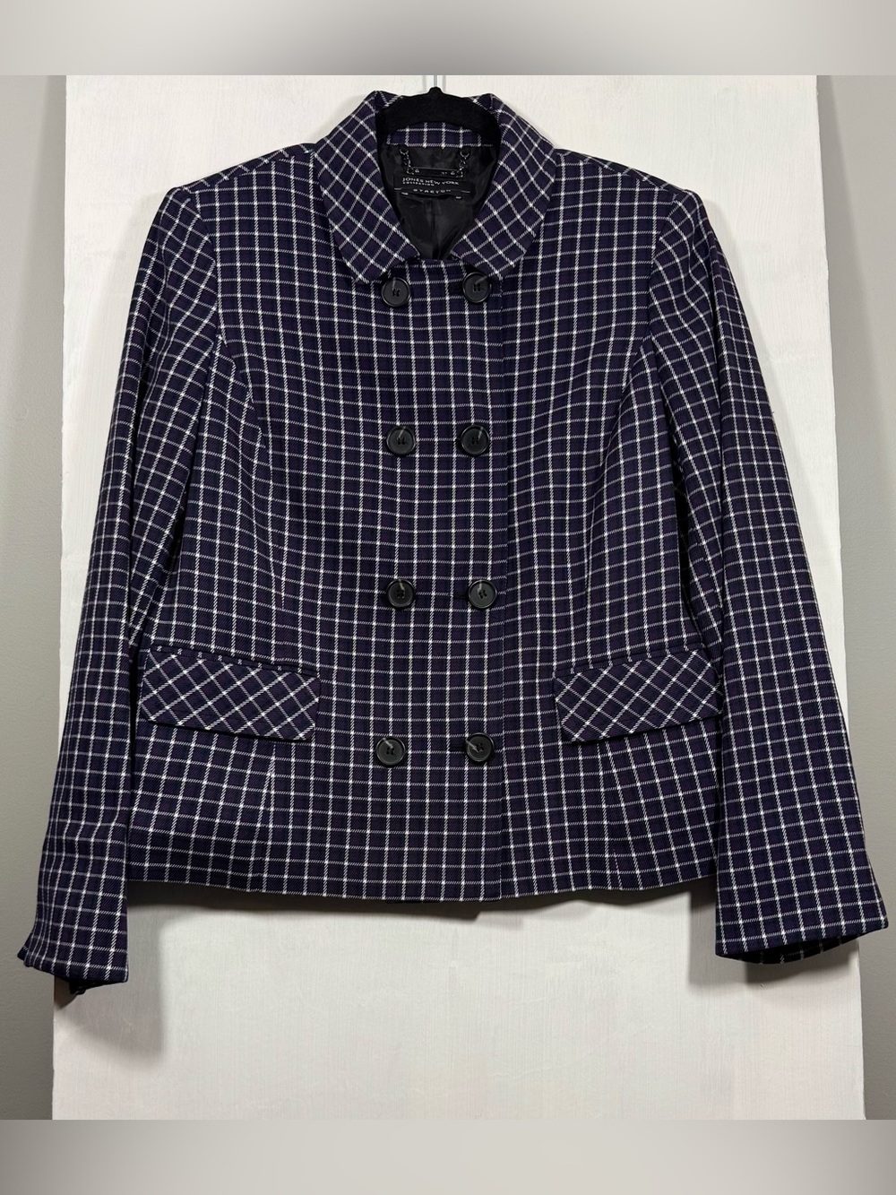 Jones New York Navy Windowpane Double-Breasted Jacket